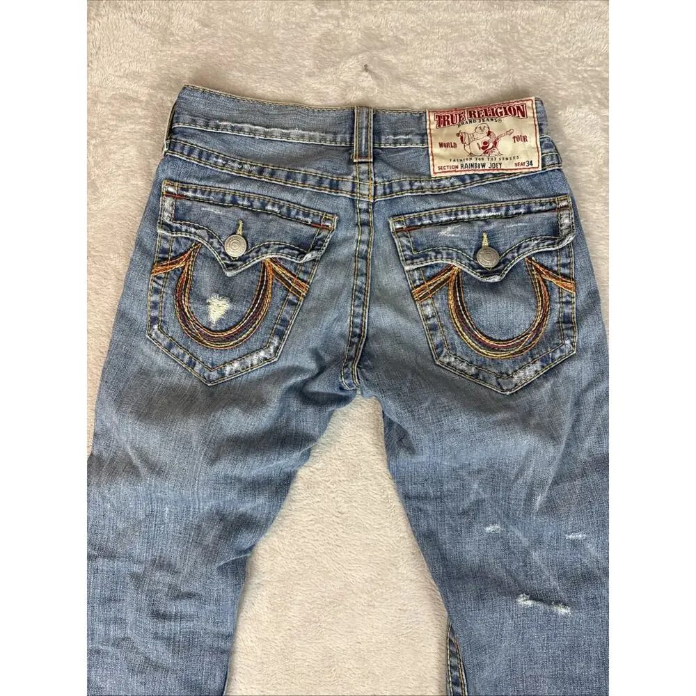 VINTAGE True Religion Rainbow Joey Distressed Low Rise Flared Jeans Retro Men’s